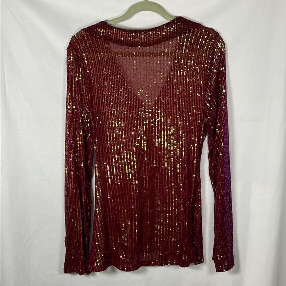 Free People Magenta Sequin Long Sleeve Button Down Shirtee Top Size L - Picture 8 of 8